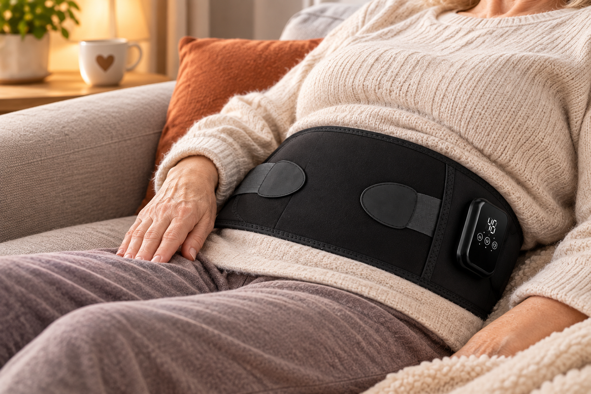 Ceinture lombaire chauffante Dosia posée sur un lit, écran de réglage allumé